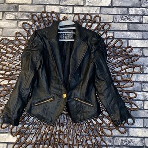 New moto vegan Leather puffy sleeve button jacket